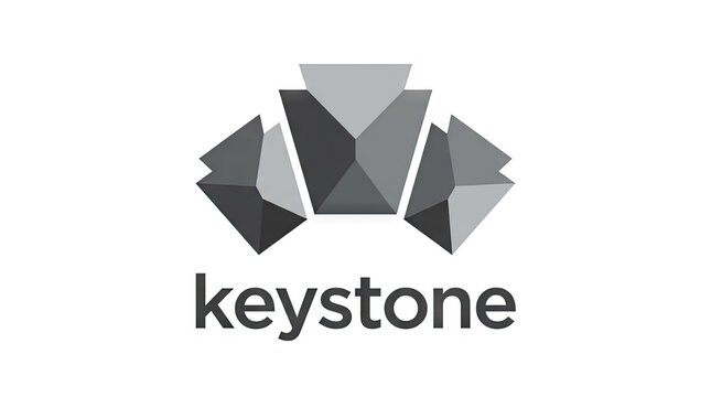 Modern geometric keystone logo with gray polygons.
