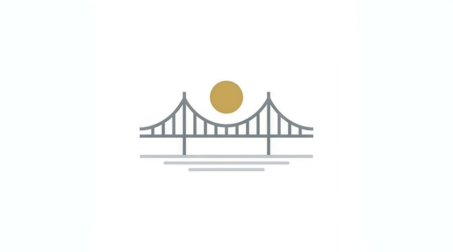 Modern suspension bridge and sun logo.