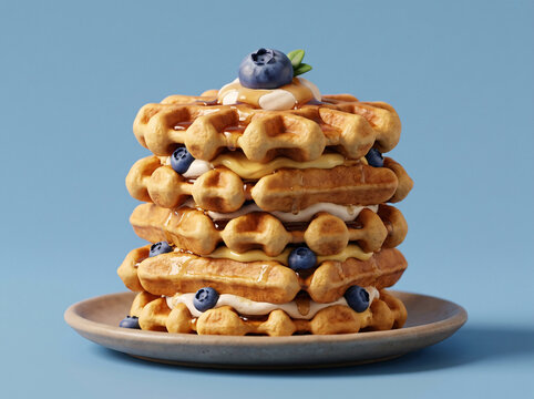 A delicious stack of golden waffles topped with fresh blueberries and syrup on a plate.