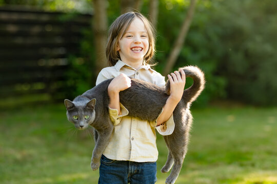 Smiling boy holds a Russian Blue cat outdoors in a green garden. Natural portrait of a child with his gray pedigree pet in soft sunlight.