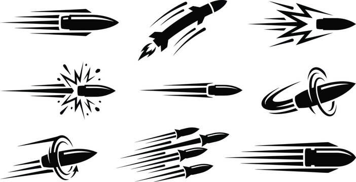 Set of black bullet icons showing speed and motion in various directions isolated on a transparent background