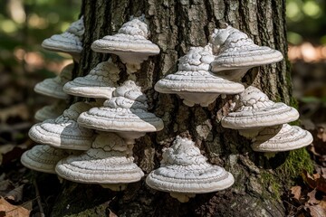 Fototapeta premium White conk mushrooms grow in clusters on a rough tree trunk in a sunlit forest. These fungi form distinct shelf like shapes with layered undersides.