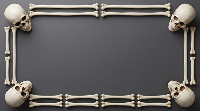 A minimalist and symmetrical frame composition featuring four realistic human skulls at each corner connected by human long bones arranged on a solid gray background.