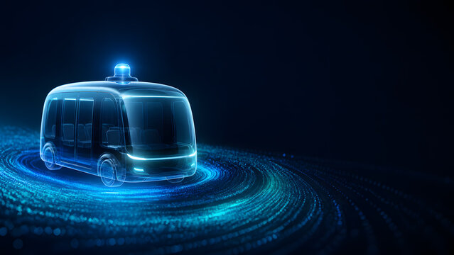 Autonomous shuttle bus hologram glides above glowing spiral ring symbolizing smart public transport technology future