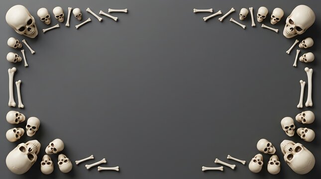 A top-down view of a rectangular frame composed of various human skulls and scattered bones arranged neatly against a solid, dark charcoal grey background surface.