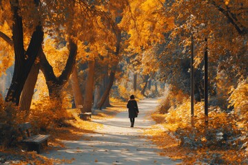 Fototapeta premium Vibrant Autumn Park Path with Solitary Woman Walking