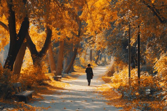 Vibrant Autumn Park Path with Solitary Woman Walking
