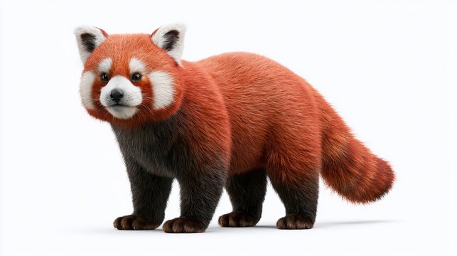 A detailed 3D rendering of a red panda standing on all fours, showcasing its distinctive reddish fur, bushy tail, and white facial markings against a white background.