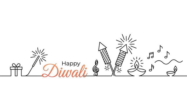 Happy Diwali continuous line art banner with crackers diyas and gift