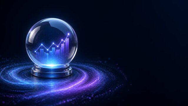 Crystal ball displaying rising bar chart symbolizing business forecast and future market prediction analysis system