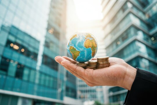 Hand holding a small globe and a stack of coins in front of modern office buildings
