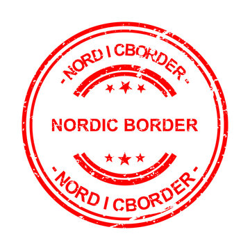 Red nordic border circular stamp with text illustration