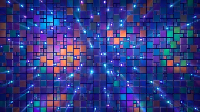 Vivid retro-futuristic digital backdrop composed of shiny multicolored square tiles intermixed with radiant luminous points creating a dynamic geometric mosaic pattern  Abstract mosaic colorful