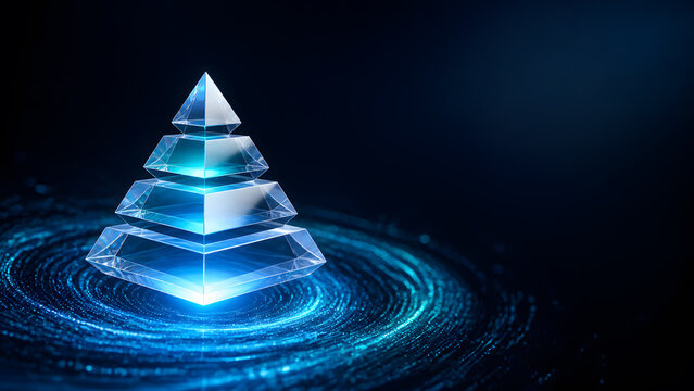 Glass pyramid tier stack glowing blue technology structure floating above swirling digital data particle background