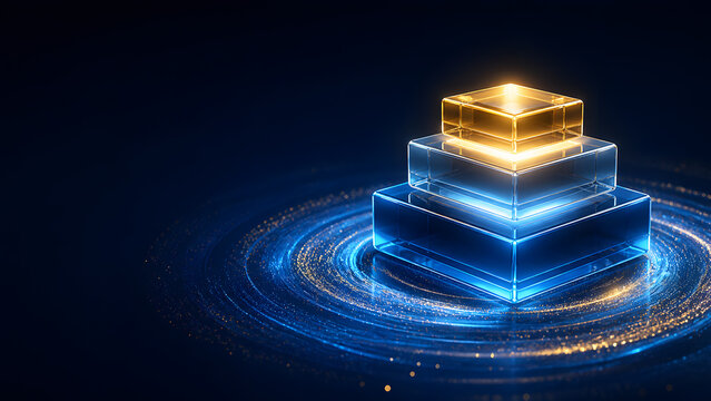 Glass podium stack with golden cube on top representing achievement above swirling digital particle background
