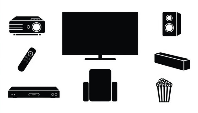 Home entertainment icons showing multimedia devices like televisions, projectors, and speakers in a solid silhouette.