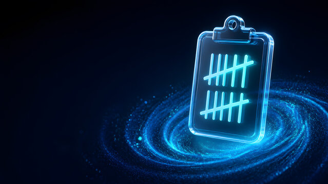 Glass clipboard displays tally mark counting chart symbolizing inventory audit above swirling digital particle background