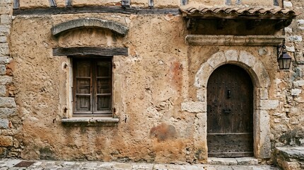 Fototapeta premium Rough stucco plaster wall texture on an ancient architectural facade showing rustic historical building exterior details