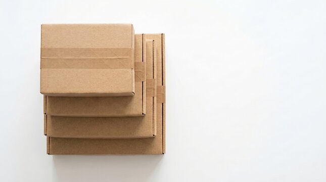 Stack of brown corrugated cardboard delivery boxes arranged neatly on a clean white background from a top view perspective.