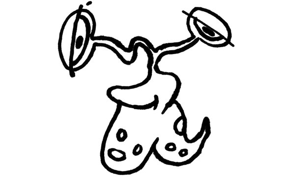 Quirky cartoon creature with stalk eyes doodle &ndash; hand-drawn black and white illustration of a wavy blob monster with bulging eyes, whimsical line art