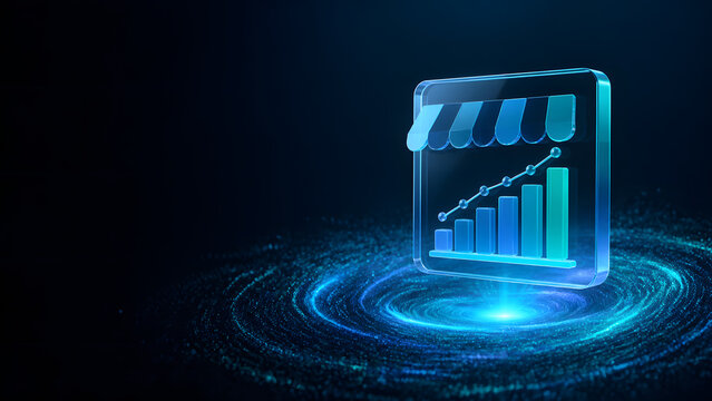 Glass storefront screen displays rising bar chart showing retail sales growth performance in swirl background