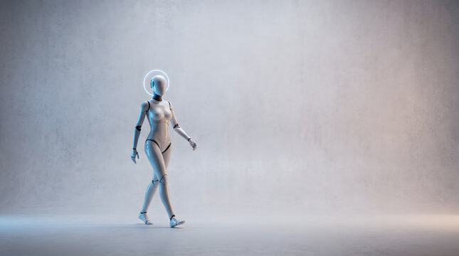 sleek white robot walking forward confidently with glowing halo above head inside minimalist concrete studio