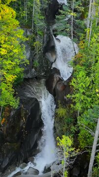 Aerial view of Shannon Falls. Water rushing down the canyon. Canada