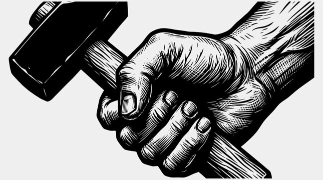 A highly detailed vintage style engraving portrays a powerful human hand tightly grasping the sturdy wooden handle of a traditional blacksmiths hammer