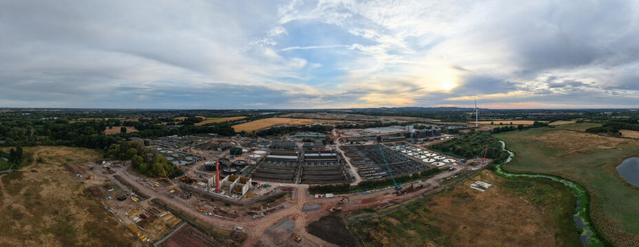 Aerial view of the wastewater treatment plant in Wanlip, England, United Kingdom.