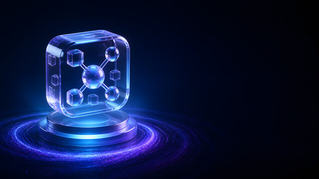 Crystal network icon glows above pedestal representing digital connection technology innovation data structure business solution