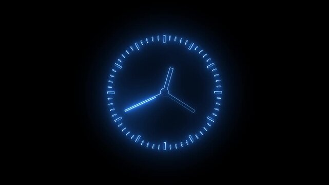 Glowing Blue Neon Clock Animation Loop, Futuristic Analog Watch Motion Graphics Overlay, Fast Spinning Time Lapse Concept Symbol for Tech Video Editing, Deadline, Countdown, and Schedule UI.