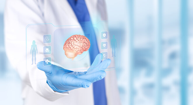 Neurology specialist analyzing a brain scan for medical diagnosis and research into mental health and neurodegenerative diseases. Light blue bokeh background.