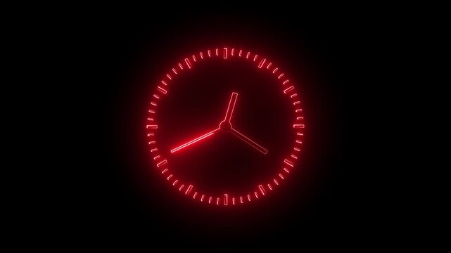Glowing Red Neon Clock Animation Loop, Futuristic Analog Watch Motion Graphics Overlay, Fast Spinning Time Lapse Concept Symbol for Tech Video Editing, Deadline, Countdown, and Schedule UI.