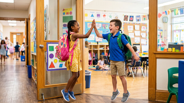two happy elementary school students wearing colorful backpacks and giving each other a high-five in the doorway of a bright, welcoming classroom.