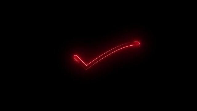Glowing Red Neon Check Mark Animation Loop, Futuristic Glowing Right Tick Icon Motion Graphics, Success Approved Verified Correct Selection Symbol Overlay for UI UX and Tech Video Editing.