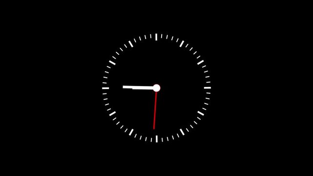 Minimal Animated Analog Clock Loop on Black Background, Fast Spinning Clock Hands Motion Graphics Overlay, Time Lapse Concept Symbol for Deadline, Schedule, Countdown, and History Video Editing.
