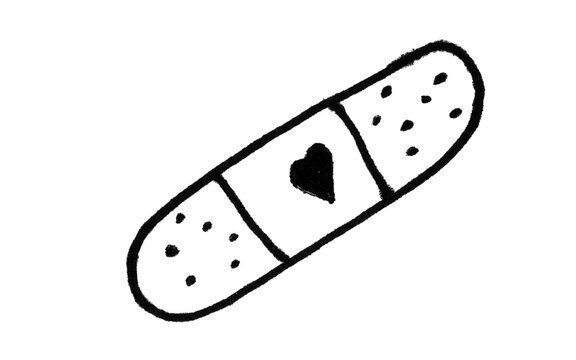 Bandage with Heart Doodle Brush &ndash; Cartoon Black Outline Adhesive Plaster with Heart Symbol, Playful Hand-Drawn First Aid Icon for Adobe Photoshop and Illustrator