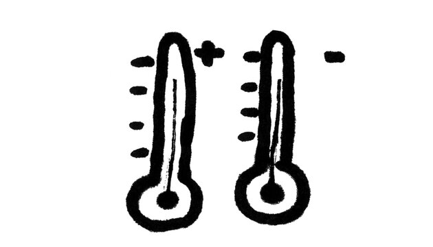Hot and Cold Thermometer Doodle Brush Set &ndash; Two Cartoonish Thermometers with Plus Minus Weather Temperature Icon Symbols, Hand-Drawn for Adobe Photoshop and Illustrator