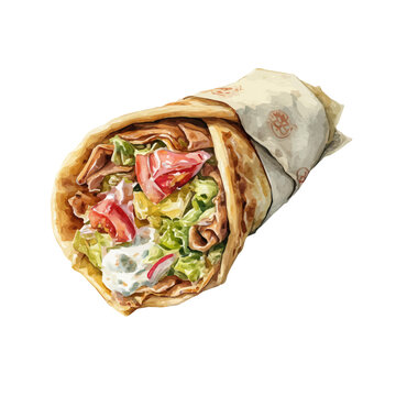 Detailed watercolor painting of Shawarma, isolated on white background