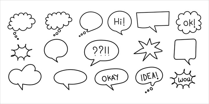Set of hand drawn speech bubbles and thought clouds with text expressions for comic book designs