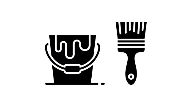 Black paint bucket and brush icon set