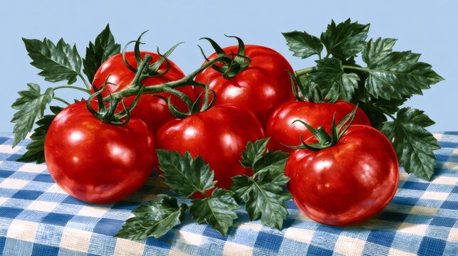 Fresh ripe red tomatoes on blue checkered tablecloth