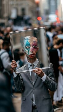 Man in suit holding abstract painted face in frame
