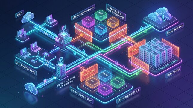 Abstract isometric 3D illustration of a secure zero-trust corporate network