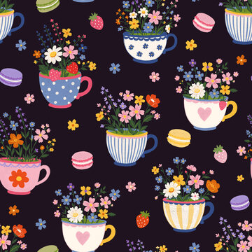 Cute seamless pattern with teacups filled with wildflowers, macaron cookies and polka dots