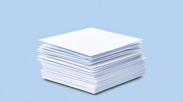 A neat stack of blank white paper sheets isolated on a soft pastel blue background for corporate office and business administration themes
