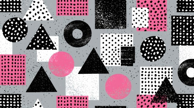 Memphis style geometric seamless pattern with grunge texture
