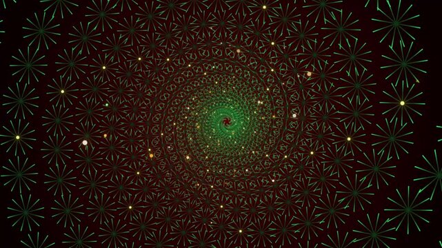 Green geometric fractal spiral pattern animation with glowing bokeh light particles