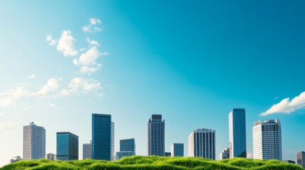Fototapeta premium Amber Dawn Across the Architectural Silhouette: Urban Skyline Background With Green Rooftops And Office Tower