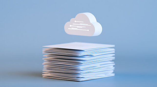 A stack of white paper documents with a digital data cloud symbol hovering above on a minimal blue background for modern database concepts